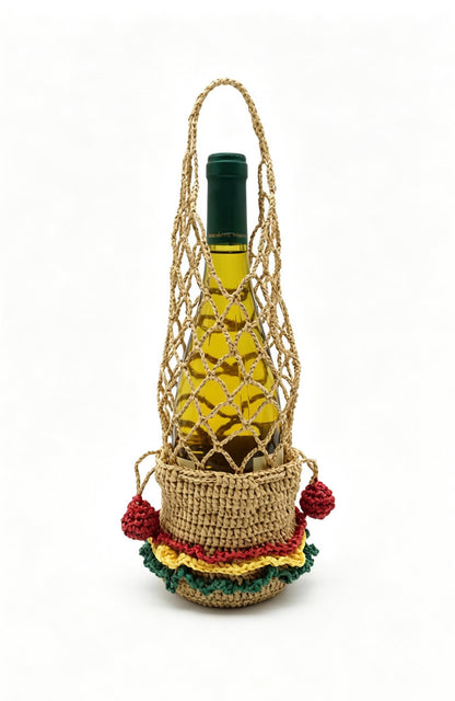 Raffia Wine Tote Bag: Hand Crochet Drawstring Mini Pouch