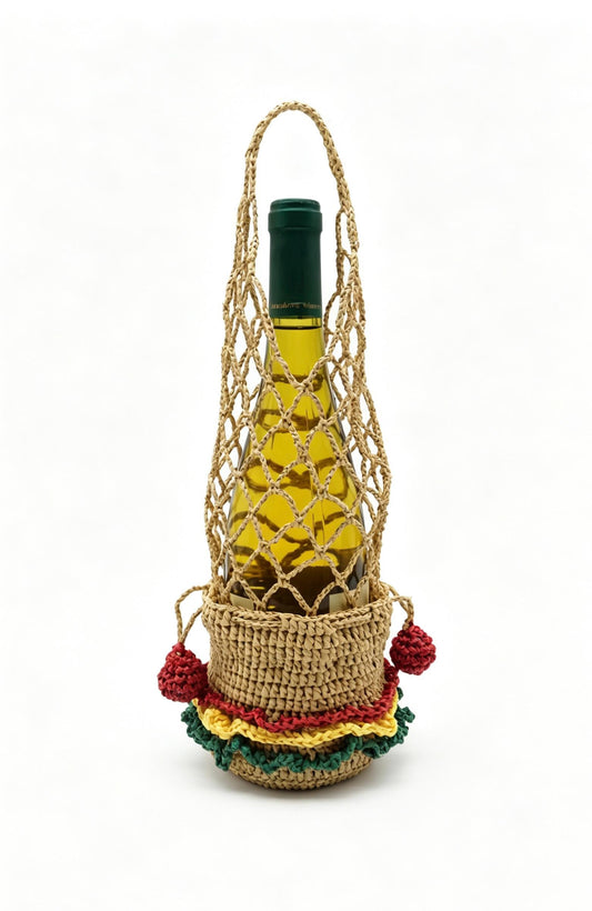 Raffia Wine Tote Bag: Hand Crochet Drawstring Mini Pouch