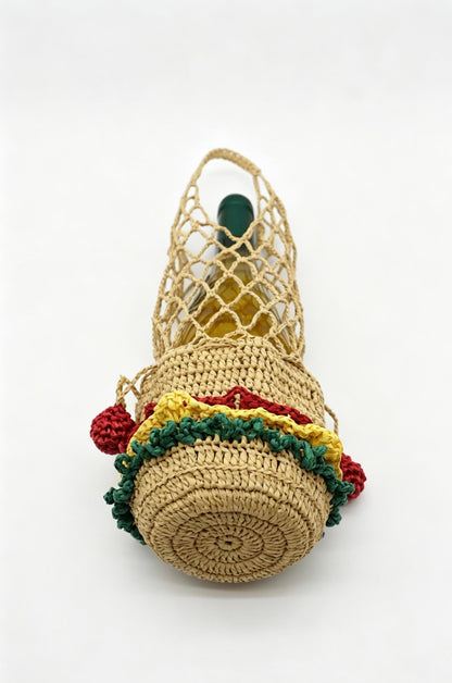 Raffia Wine Tote Bag: Hand Crochet Drawstring Mini Pouch
