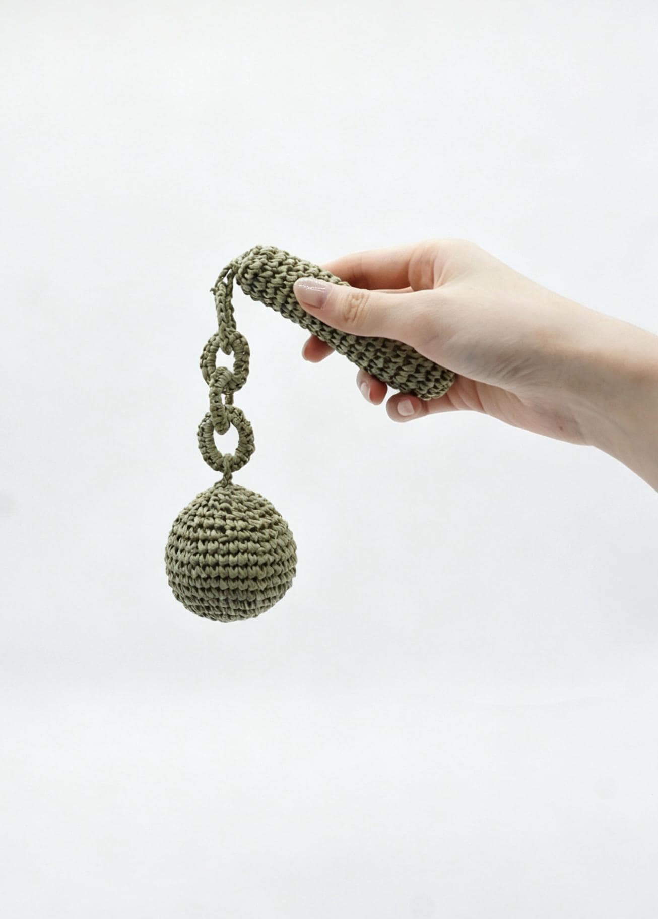 Hand Crochet Raffia Ball Bag Charm, Boho Woven Keychain, Sage Green Summer Accessory