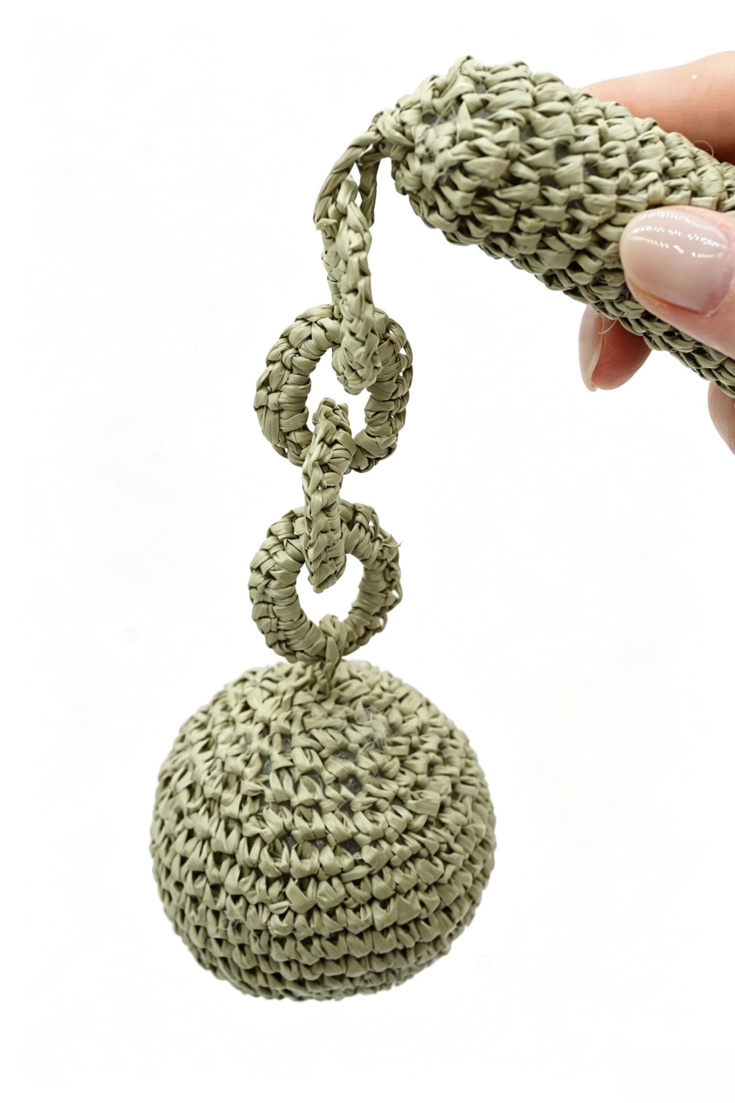 Hand Crochet Raffia Ball Bag Charm, Boho Woven Keychain, Sage Green Summer Accessory
