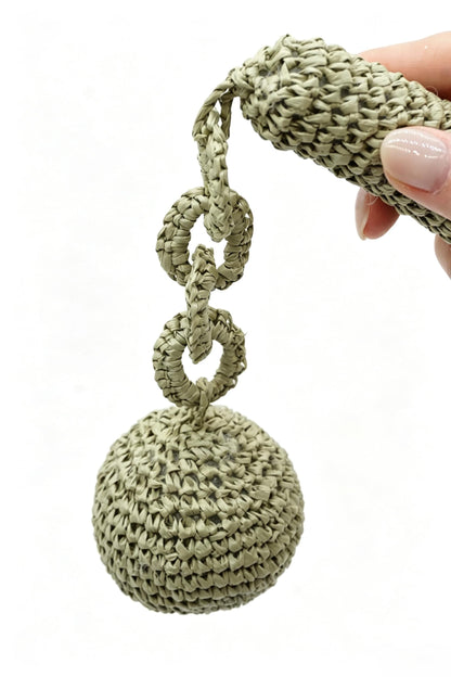 Hand Crochet Raffia Ball Bag Charm, Boho Woven Keychain, Sage Green Summer Accessory