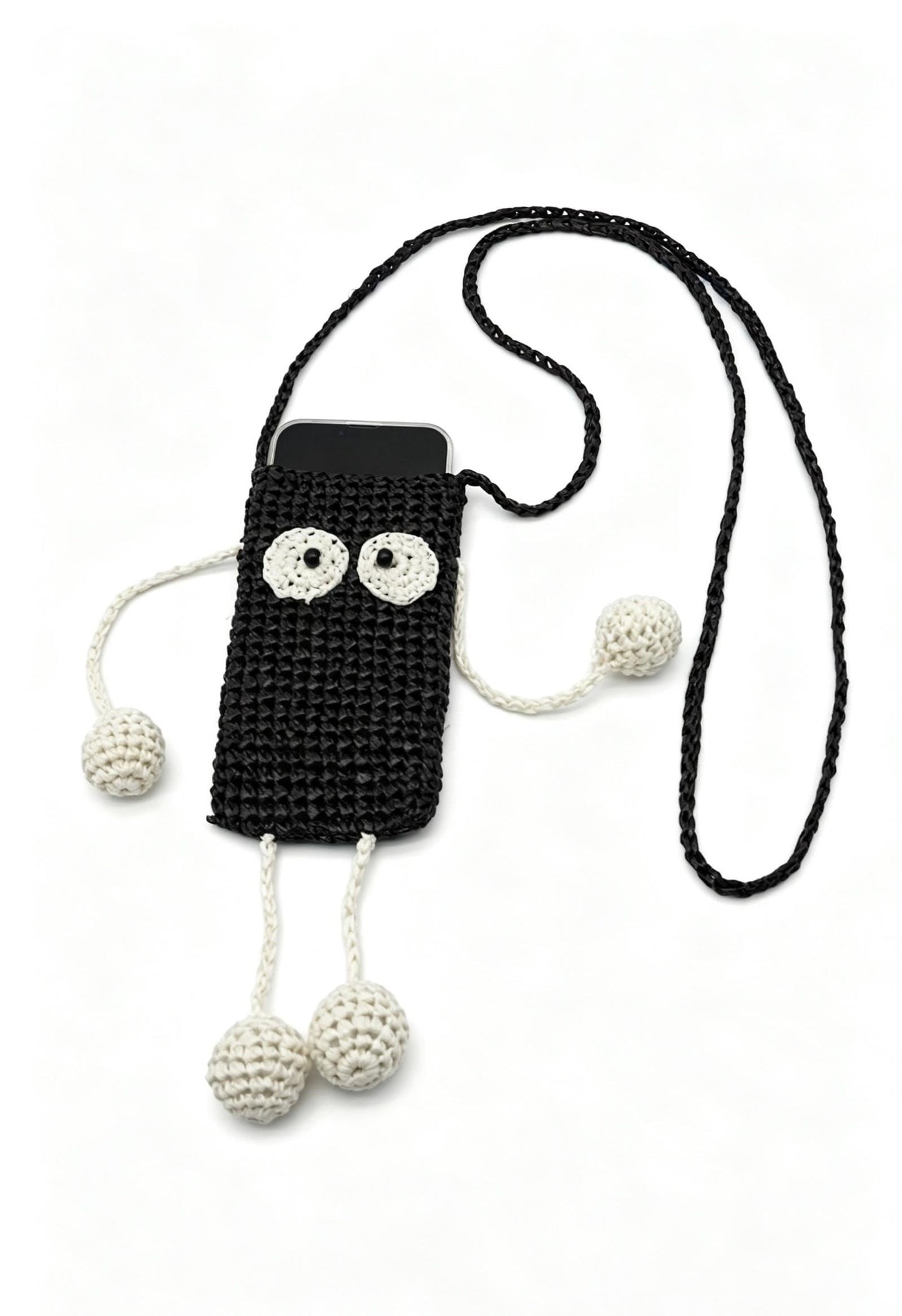 Crochet Soot Sprite Raffia Phone Bag, Anime Woven Crossbody Pouch, Kawaii Shoulder Bag