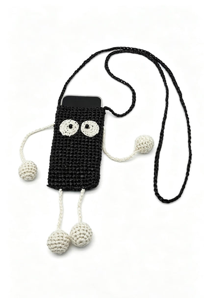 Crochet Soot Sprite Raffia Phone Bag, Anime Woven Crossbody Pouch, Kawaii Shoulder Bag