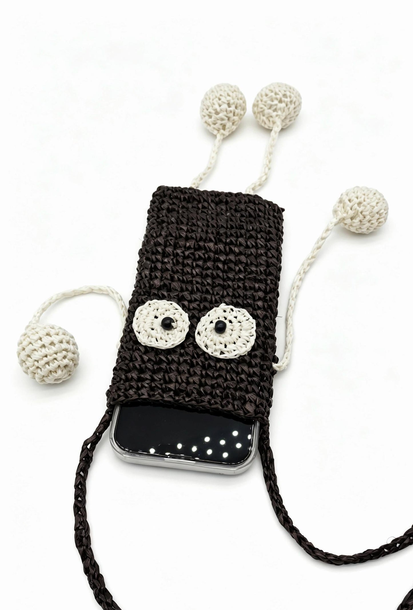 Crochet Soot Sprite Raffia Phone Bag, Anime Woven Crossbody Pouch, Kawaii Shoulder Bag