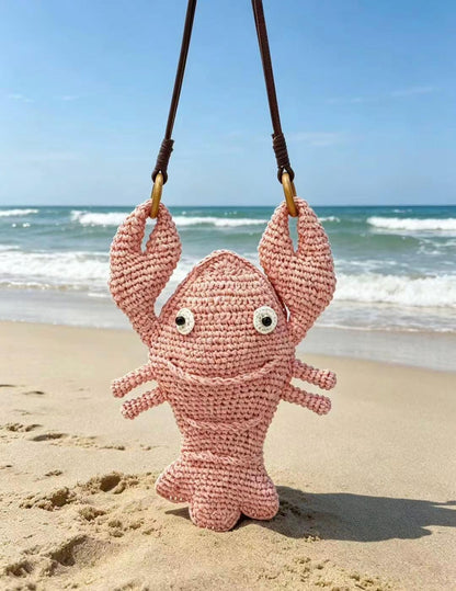 Hand-Crocheted Crab Straw Crossbody Bag – Woven Ocean Animal Purse with Faux Leather Strap