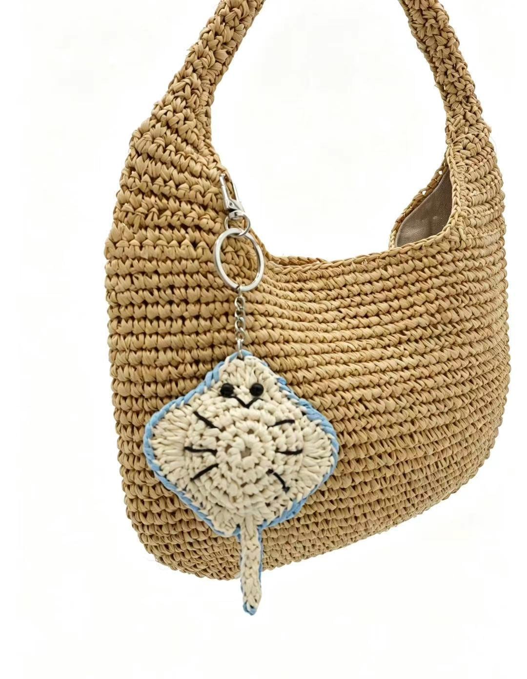 Celestial Blue Crochet Stingray Keychain & Handmade Raffia Bag Charm
