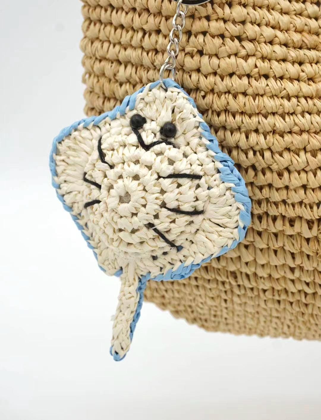 Celestial Blue Crochet Stingray Keychain & Handmade Raffia Bag Charm