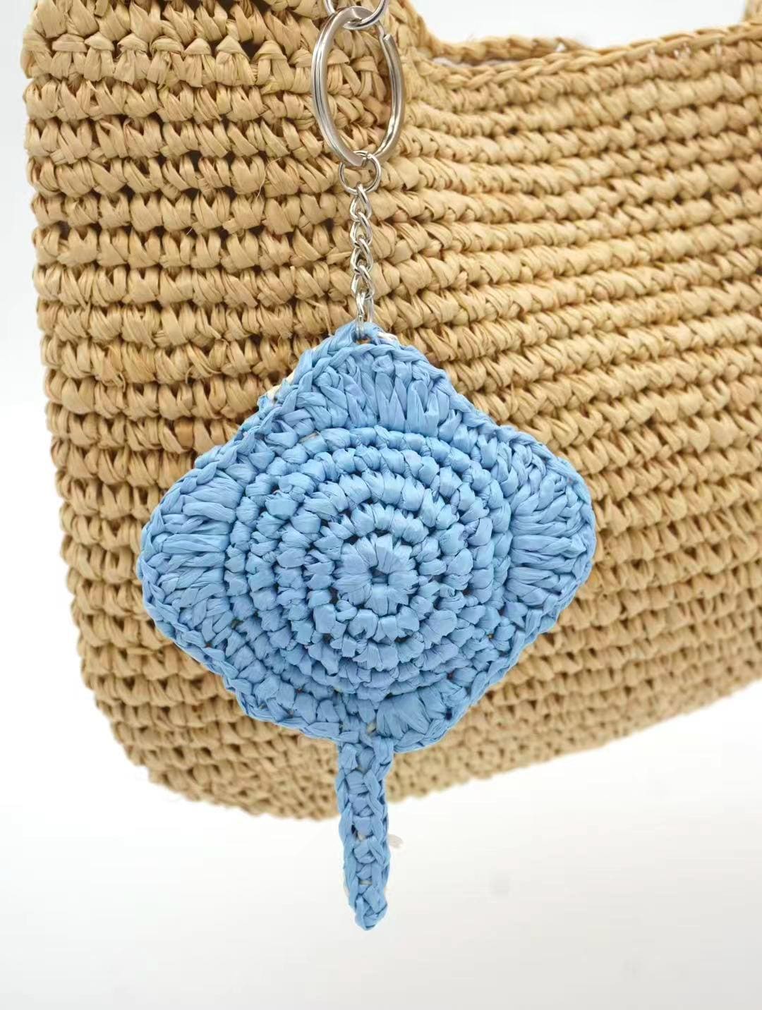 Celestial Blue Crochet Stingray Keychain & Handmade Raffia Bag Charm