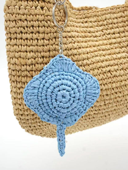 Celestial Blue Crochet Stingray Keychain & Handmade Raffia Bag Charm